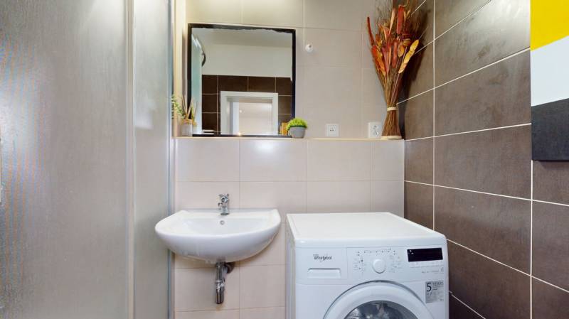 Bathroom with a washing machine, sink, and mirror in a studio apartment.