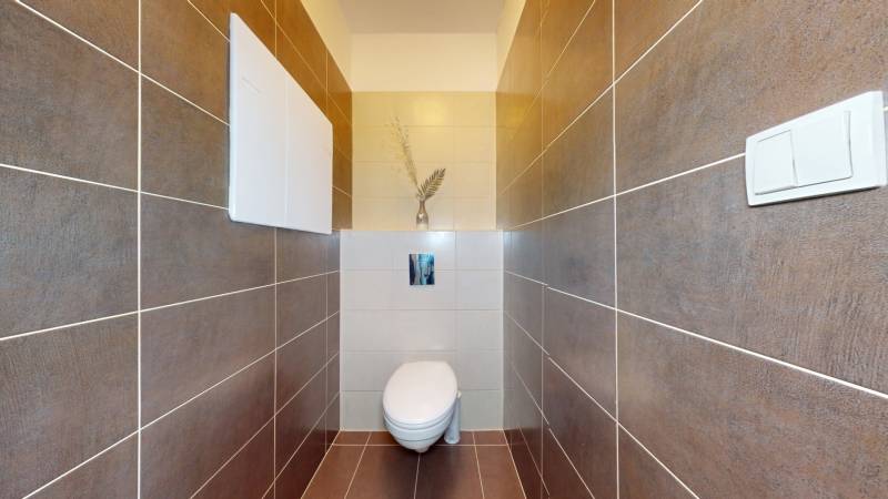 A toilet with brown tiles, a white toilet, a decorative vase, a studio apartment.