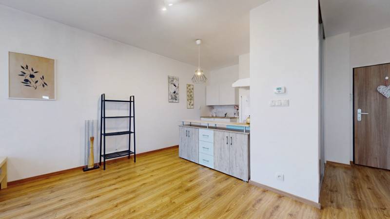 Interior of a one-room apartment with wooden flooring, a kitchen unit, and a shelving rack.
