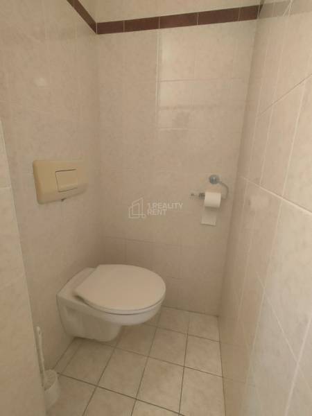 Restroom in commercial premises with space for toilet paper and brushes.