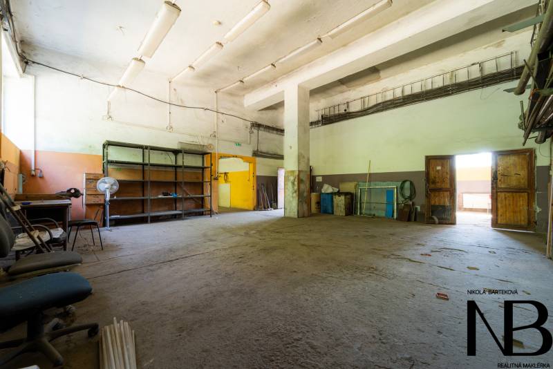 Warehouses and halls with old furniture and storage shelves.