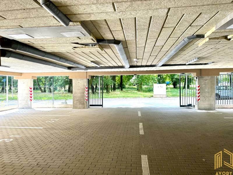 The garage doors are open with a view of the surrounding greenery.