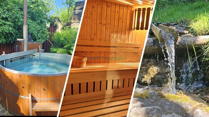In the family house in Donovaly, there is a wooden tub, a sauna, and a natural waterfall.