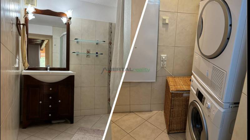 A bathroom in a family house with a sink, shower, and a washer with a dryer.