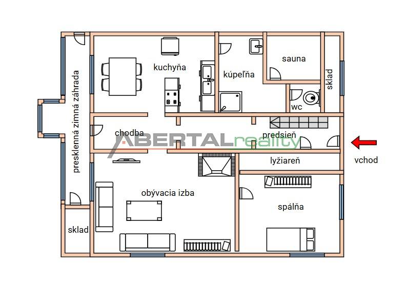 Floor plan of a family house with a sauna, winter garden, and ski room.