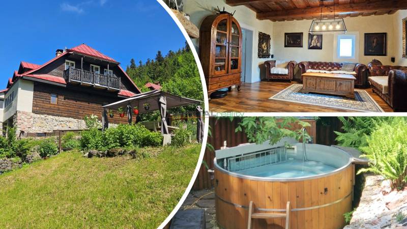 A family house in Donovaly with a rustic interior, an outdoor sauna, and a spacious garden.