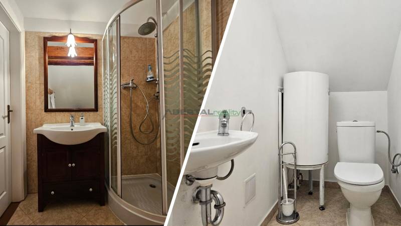 Bathroom in a family house with a sink, shower, and toilet.