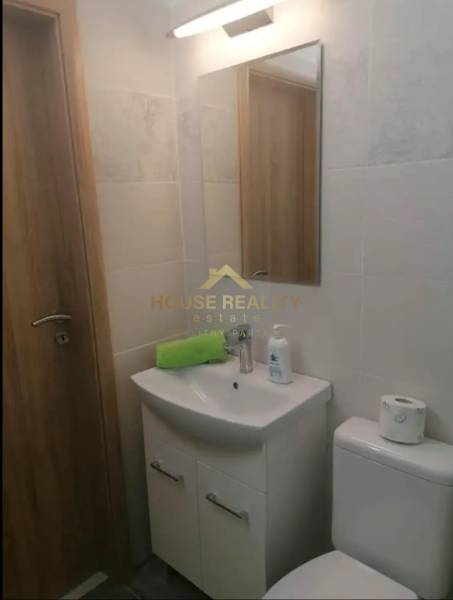 Bathroom with a sink, mirror, and toilet in a studio apartment.