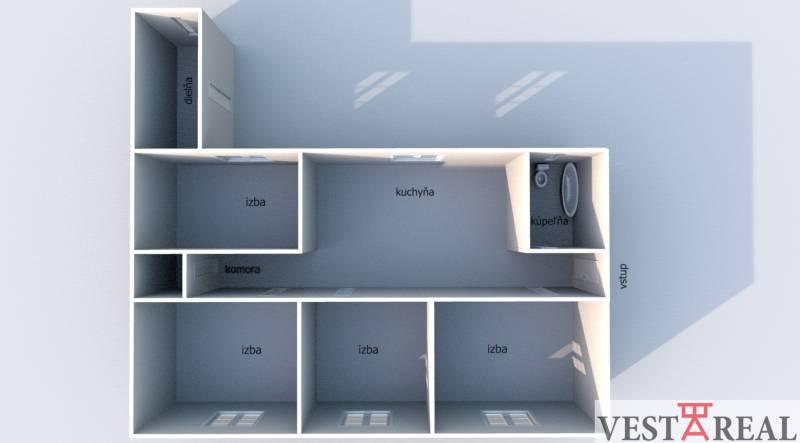 Floor plan of a family house with rooms, kitchen, bathroom, and pantry.