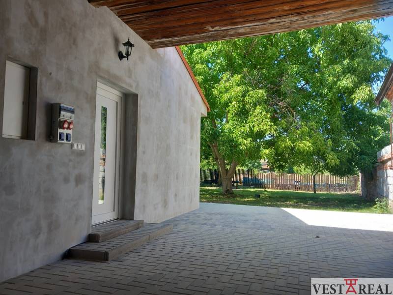 A family house in Trakovice with a paved yard and a large tree on the lawn.