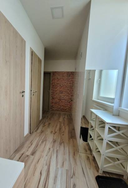 A bright hallway with wooden doors and brick decor in a 3-room apartment.