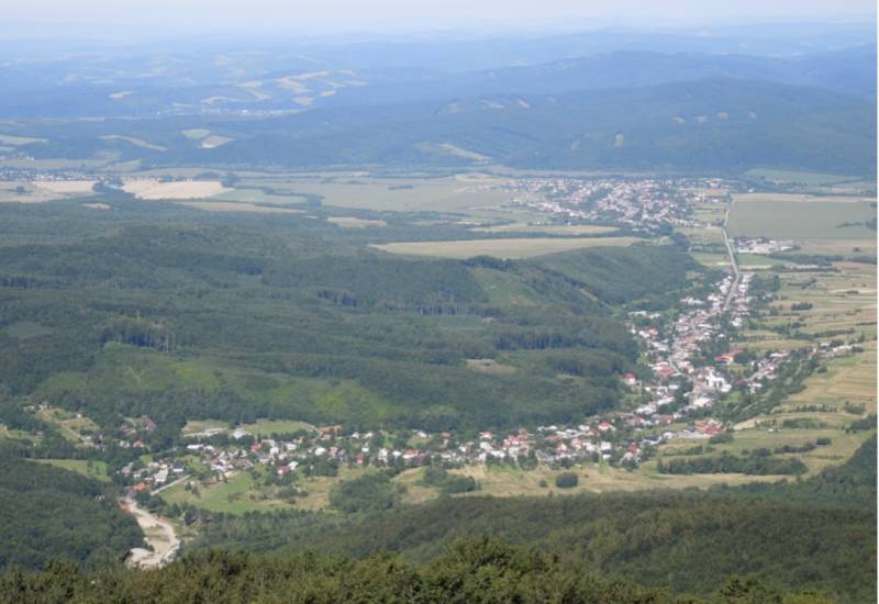Aerial view of agricultural and forest lands around Zemplínske Hámre, forests, and villages.