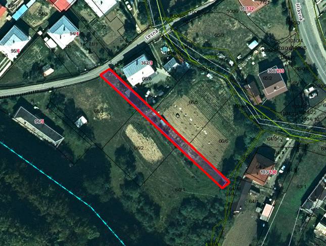 Aerial view of agricultural and forest lands in Zemplínske Hámre with parcel numbers.