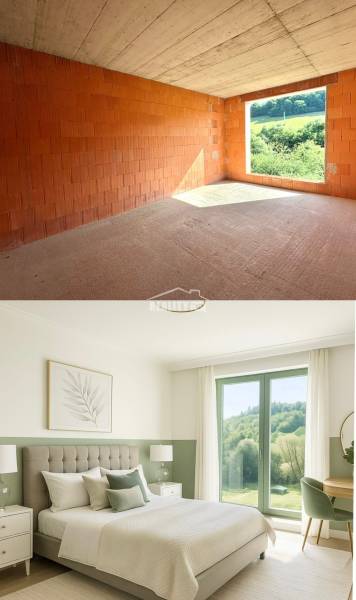An unfinished room in a family house in Trnové, Žilina, and next to it a modern bedroom with a landscape.