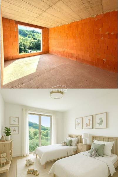 Before and after the renovation of the children's room in a family house, with a view of greenery.
