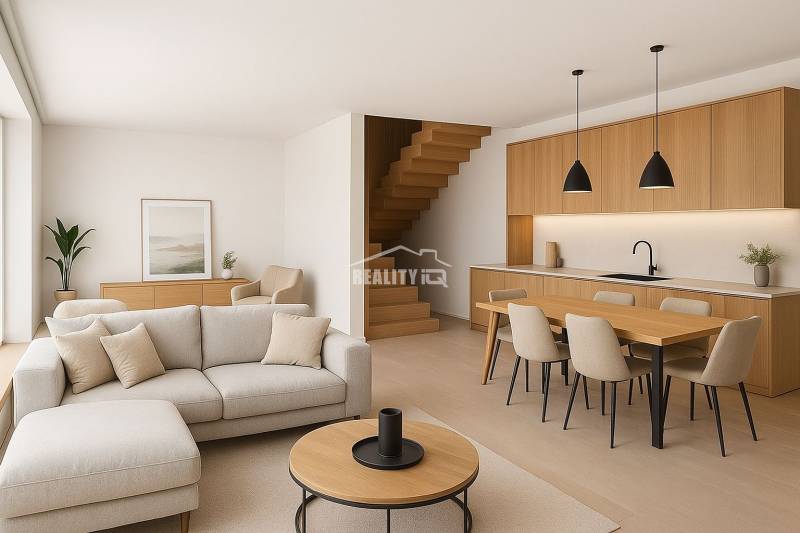 Living room with kitchen and wooden furniture in a family house.