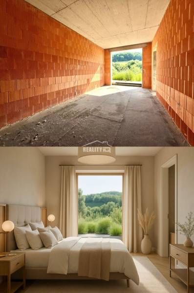 A construction project of a family house in Trnové, Žilina, and a furnished bedroom with a window to the garden.