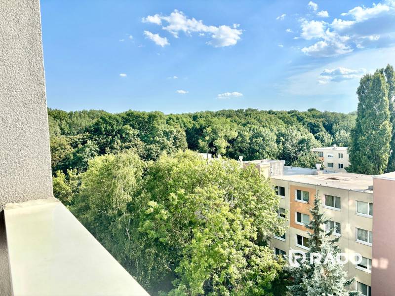 View from a 3-room apartment on Mamateyova Street, Bratislava - Petržalka with a view of greenery and apartment buildings.