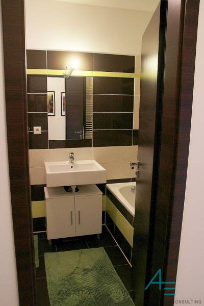A bathroom in a 3-room apartment with a sink, a bathtub, and a green rug.
