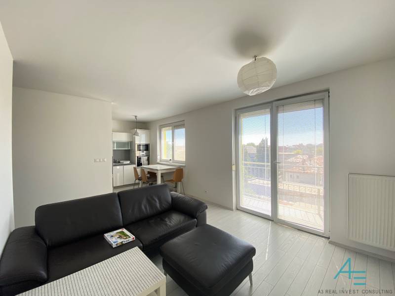 Living room in a 3-room apartment with a view of the balcony, a kitchenette, and a leather sofa.