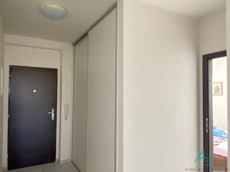 A hallway with dark doors, a built-in wardrobe, and an opening to a room in a 3-room apartment.