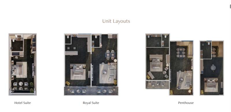 Floor plans of apartments: Hotel Suite, Royal Suite, Penthouse with various layouts in a family house.