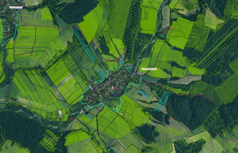 Aerial view of agricultural and forest lands in Ladomirová with parcel layout.