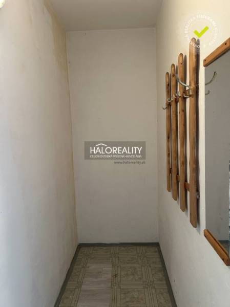 A narrow hallway in a one-room apartment with a wooden coat rack on the wall.