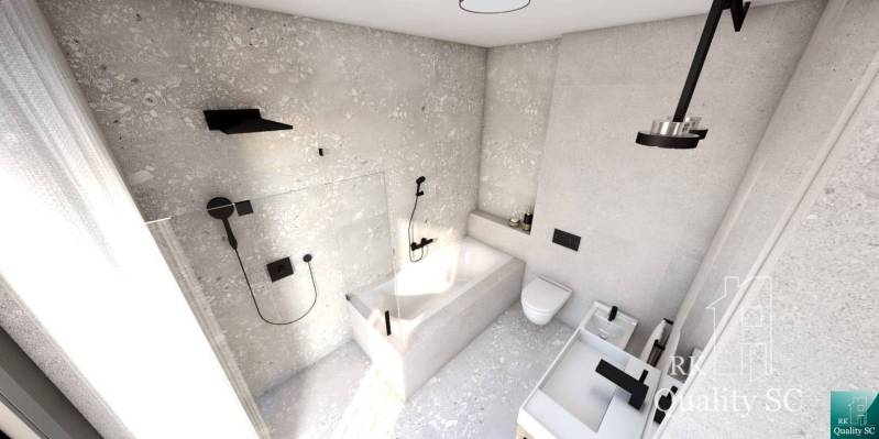 Family house bathroom with bathtub, shower, and toilet, minimalist design.