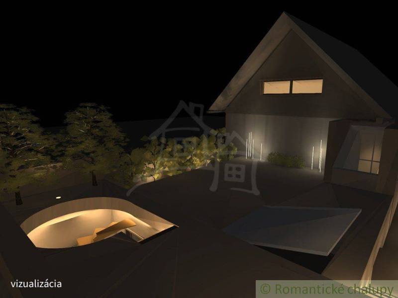 Night visualization of a family house in Banská Bystrica with lighting and an outdoor area.