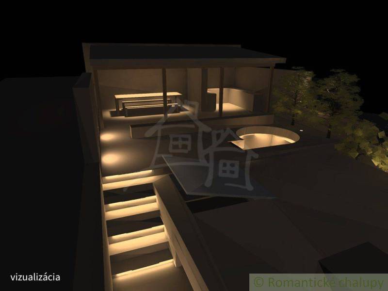 Night visualization of a family house with illuminated stairs and trees in Banská Bystrica.