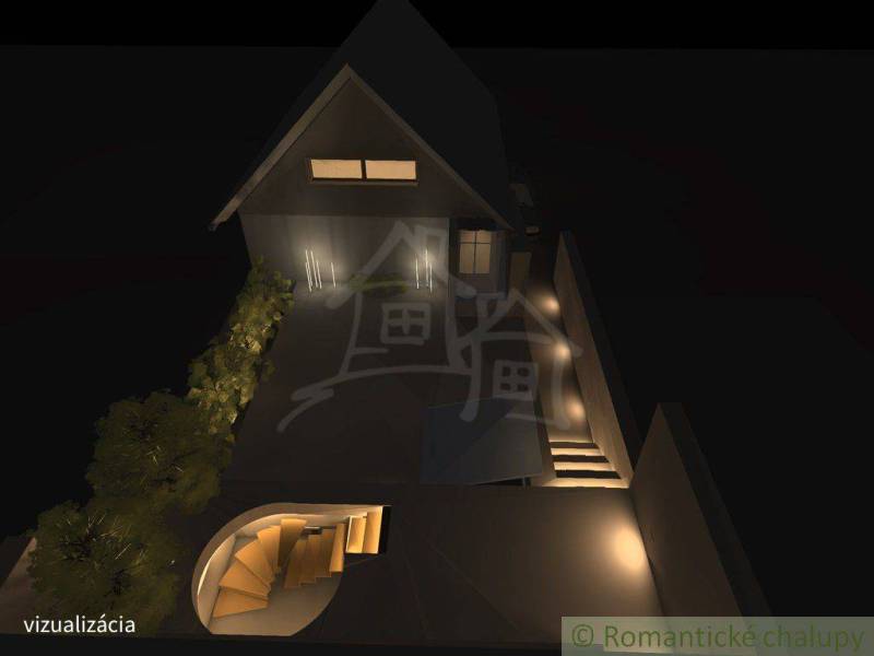 Night visualization of a family house in Banská Bystrica with a staircase and a garden.