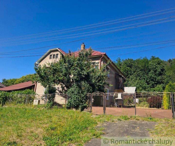 A family house in Lovinobaňa with a garden, gate, and greenery on a slope.