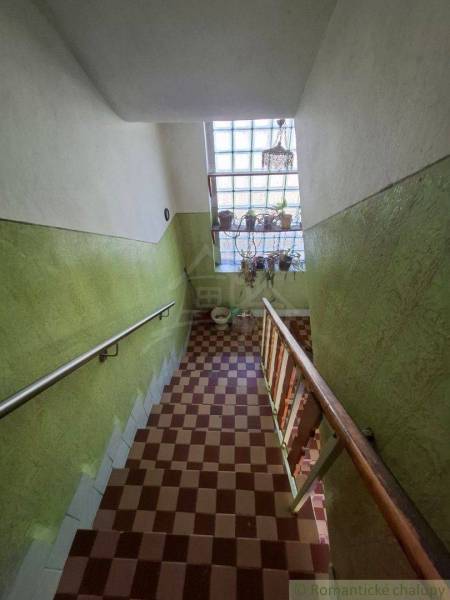 A staircase in a family house with green walls and checkered tiles.