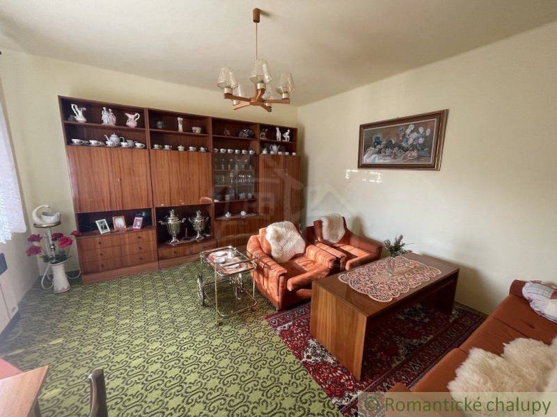 A living room in a family house with rustic furniture and a carpet.