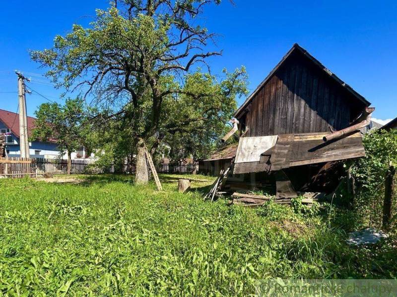A garden in Gemerská Poloma by a family house, with a wooden structure and a large tree.