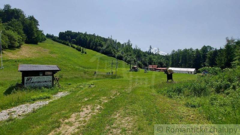 Green meadow and forests with commercial spaces in Stará Myjava under a sunny sky.