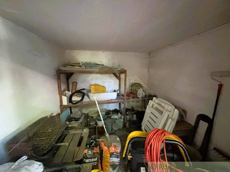 Storage space in a family house with a shelf, grill, and garden tools.