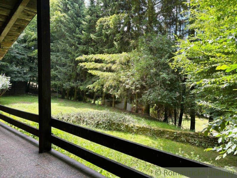 The garden of a family house in Malacky with a dense forest and lawn.