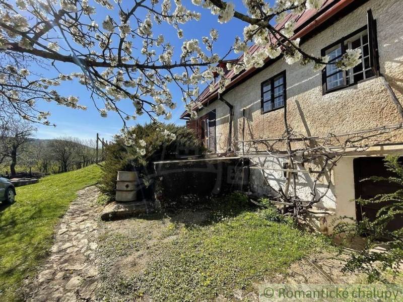 Stone cottage with a garden and flowering trees, ideal for unique properties.