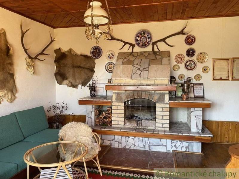 The interior of the cabin with hunting decorations, a fireplace, and fur reflects the unique charm of the property.