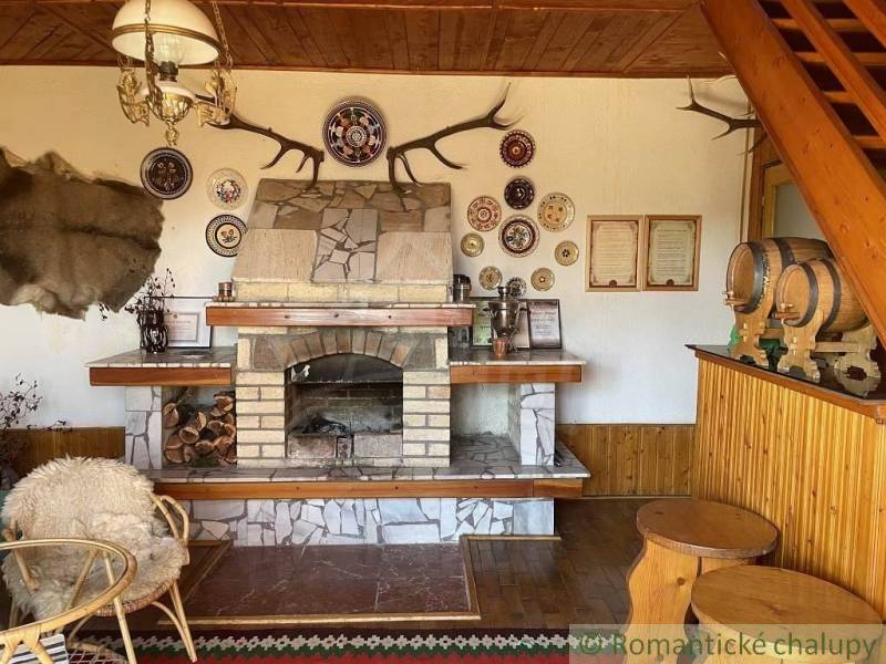 A fireplace room with a wooden ceiling and hunting decorations, unique property.