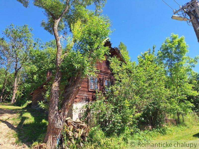 A cottage in Liptovský Mikuláš surrounded by lush greenery and trees, blue sky.