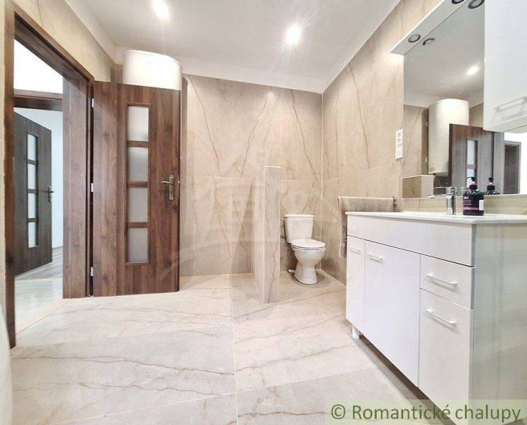 A bathroom in a family house with a sink, toilet, and wooden door.