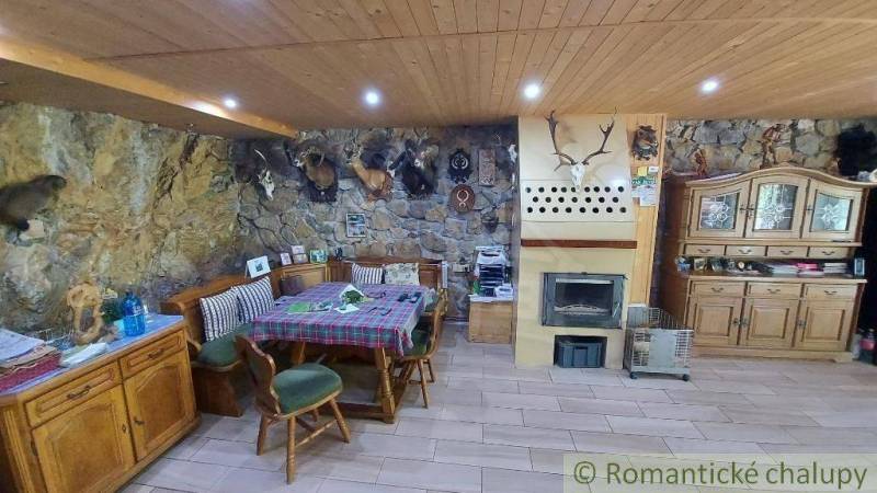 Interior of a family house with a stylish fireplace and hunting trophies on a stone wall.