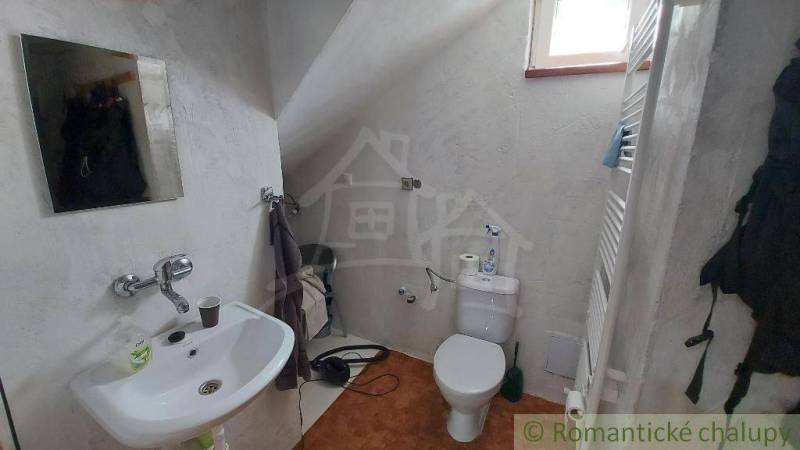 Bathroom with toilet, sink, and radiator in the attic of a family house.