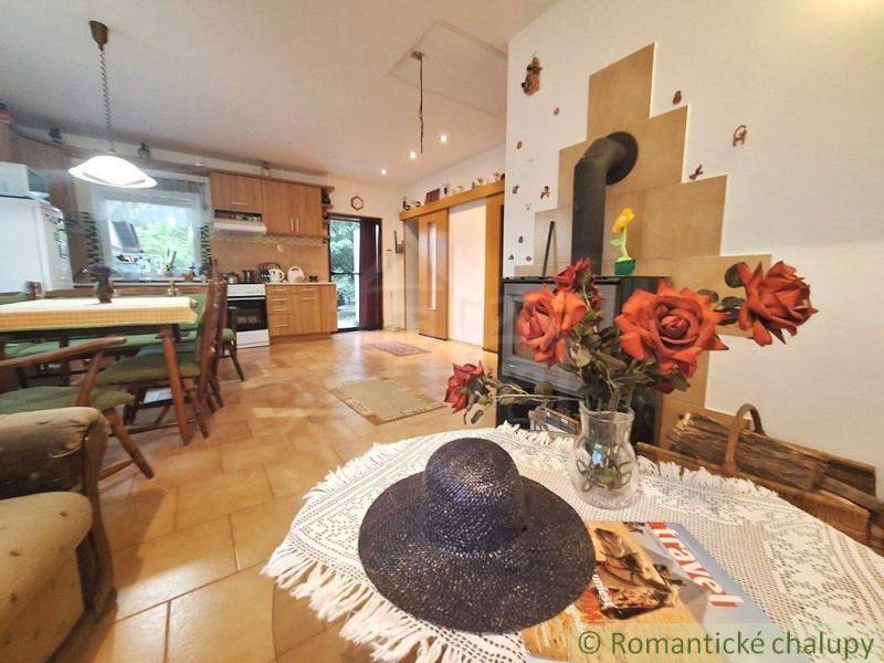 Living room with kitchen in a family house; fireplace, flowers, kitchen unit, dining table.