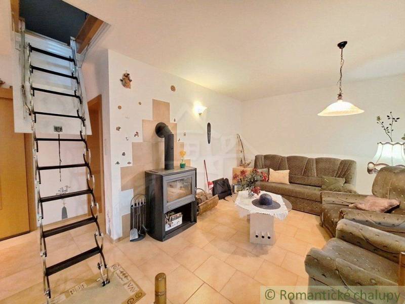 Living room with a tiled stove and ladder staircase in a family house.