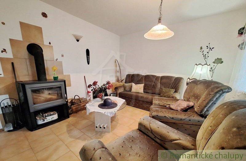 Living room in a family house with a sofa, table, and stove.