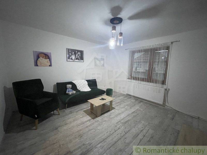 Living room in a family house with an armchair, sofa, coffee table, and paintings on the walls.